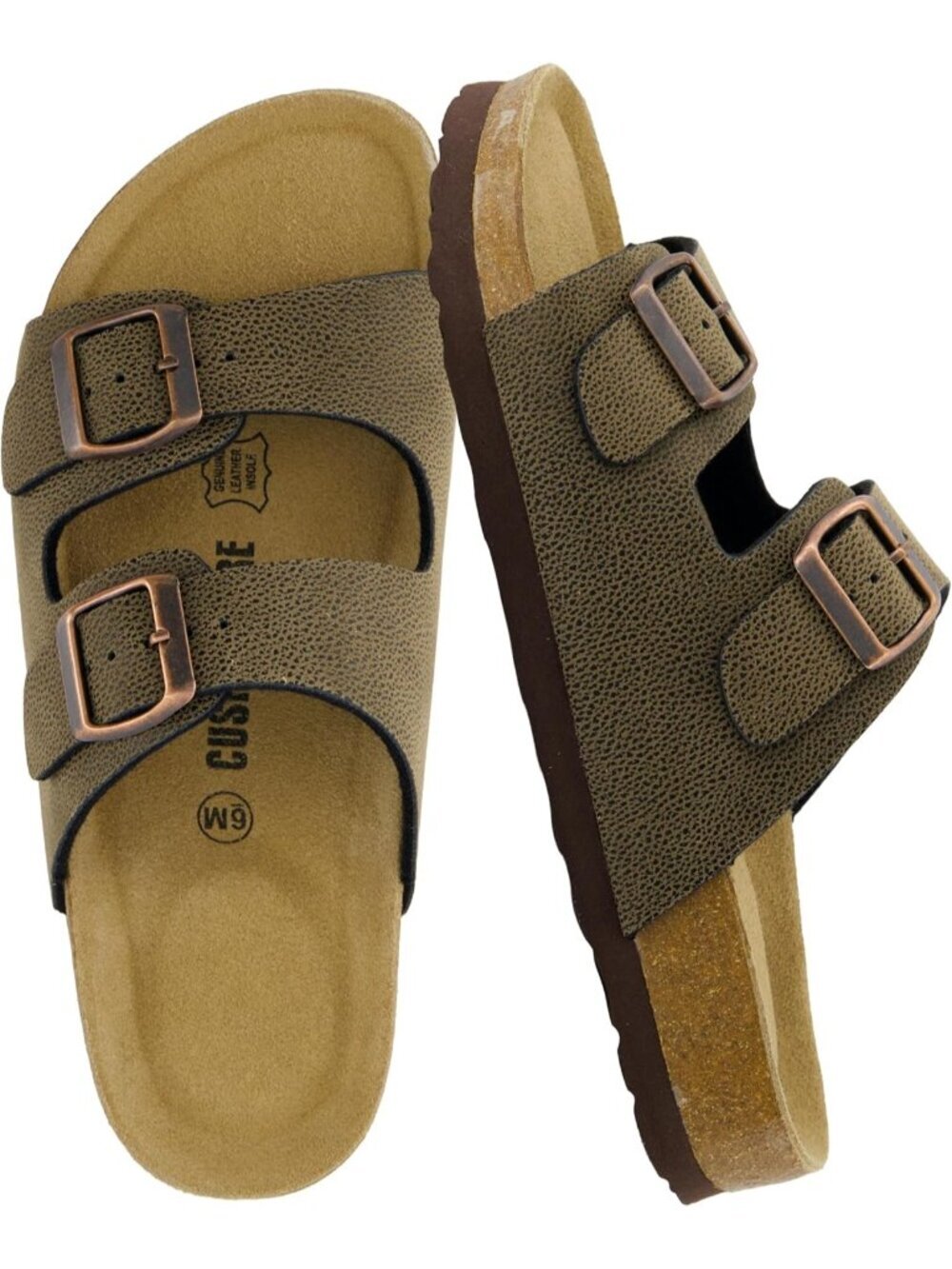 Women's Brown Rugged Footbed Sandals Comfort Double Buckle Two Strap Flats Shoes